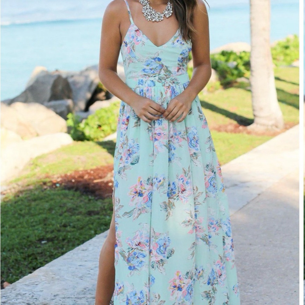 Blue and Green Sleeveless Maxi Dress with Slit